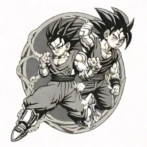 arm sleeve tattoo with anime characters like goku and vegeta from dbz, seven from scissor seven and itachi from naruto tattoo design idea