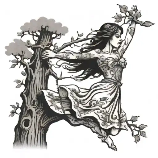 Tattoo of a tree and a girl in an old timey dress swinging from a branch. the words 'Ethel Cain' below tattoo design idea