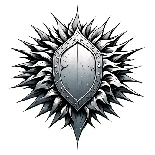 A stylized Visayan wave pattern flowing into a Bagobo sun-like shield motif made of metal shards. tattoo design idea