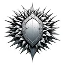 A stylized Visayan wave pattern flowing into a Bagobo sun-like shield motif made of metal shards. tattoo design idea