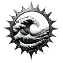 A stylized Visayan wave pattern flowing into a Bagobo sun-like shield motif made of metal shards. tattoo design idea