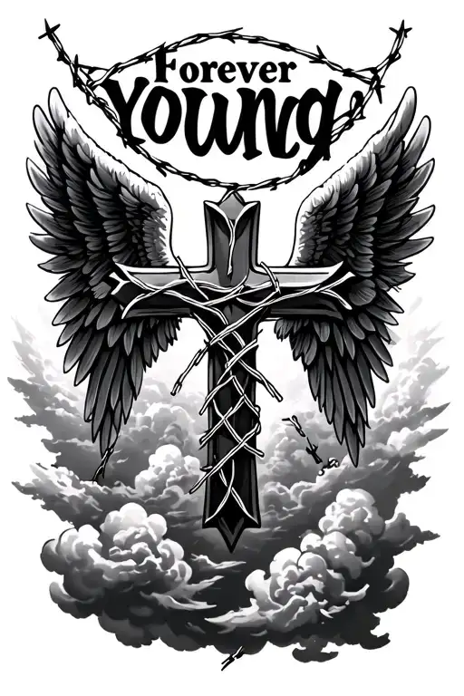 "Forever Young" Angel wings with a Chicano cross wrapped in barbed wire surrounded by clouds tattoo design idea