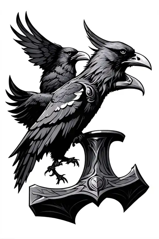 thor hammer with ravens Huginn and Muninn tattoo design idea