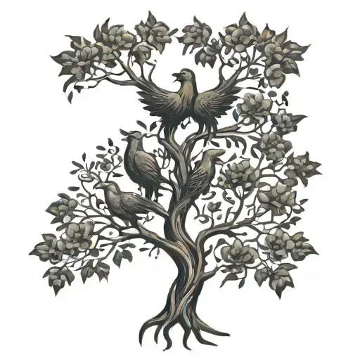 A tattoo design featuring a Tree of Life intertwined with four phoenixes, each representing you, your husband, and your three boys and daughter tattoo design idea