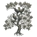 A tattoo design featuring a Tree of Life intertwined with four phoenixes, each representing you, your husband, and your three boys and daughter tattoo design idea