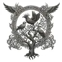 A tattoo design featuring a Tree of Life intertwined with four phoenixes, each representing you, your husband, and your three boys and daughter tattoo design idea