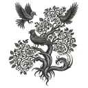 A tattoo design featuring a Tree of Life intertwined with four phoenixes, each representing you, your husband, and your three boys and daughter tattoo design idea
