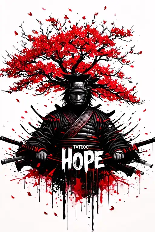 draw me a tattoo of a samurai under a sakura tree with a lot of petals falling from it, and the word hope written in hie tattoo design idea