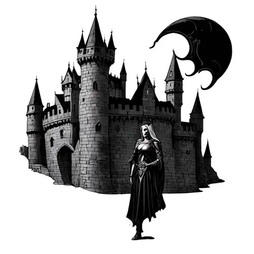 Gothic medieval castle with beholder and a female knight tattoo design idea