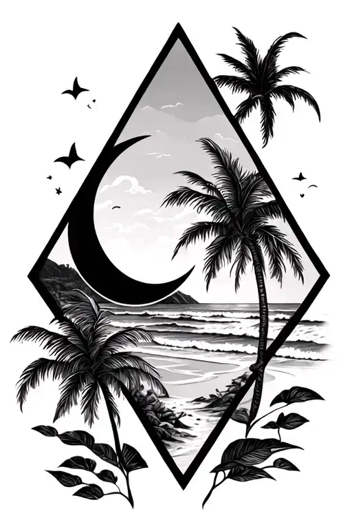 beach theme tattoo in a diamond shape outline with a half moon tattoo design idea