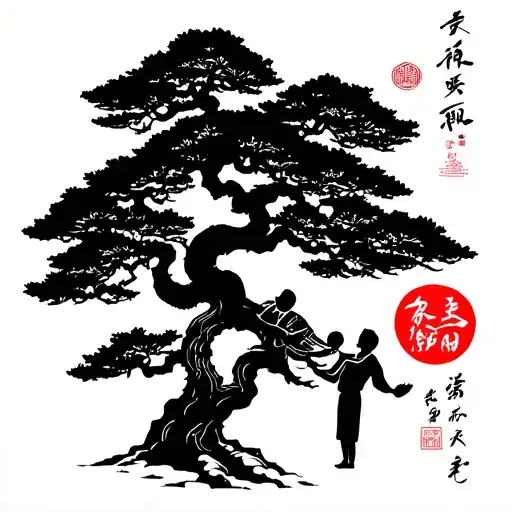Bonsai tree with Chinese sign Love Happiness Hope and a father with a child in hand tattoo design idea