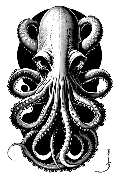 Giant squid nautical themed incorporating elongated vertical tentacles and unsettling eyes tattoo design idea