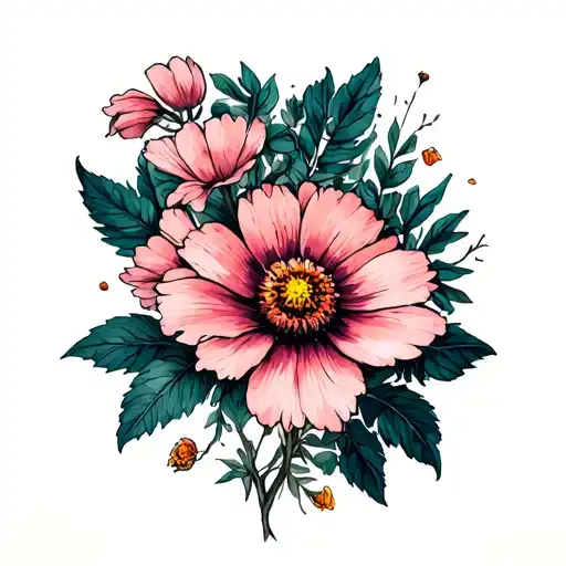 hawthorne, honeysuckle, cosmos flowers tattoo design idea