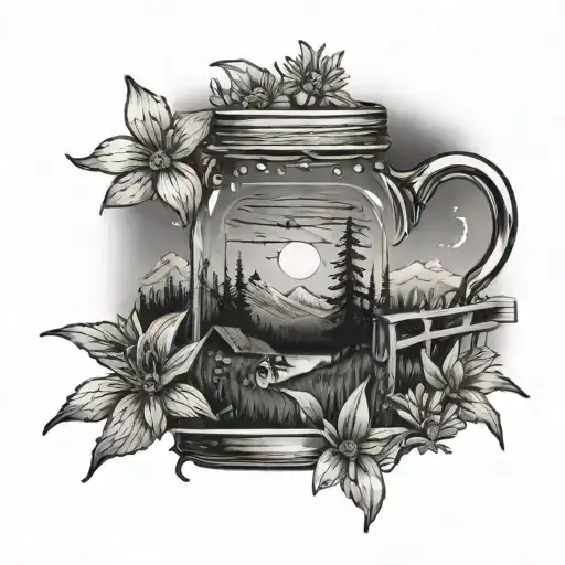mason jar w/ mountain landscape behind a bridge with a night sky & fireflies and a moon inside. Black-eyed susans outsid tattoo design idea