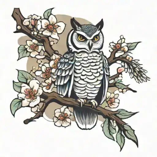 A girl in a traditional Japanese kimono decorated with images of owls and blossoming sakura branches. tattoo design idea
