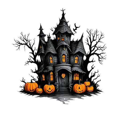 Haunted House with small spooky pumpkins tattoo design idea