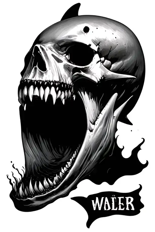 realistic decaying human skull underwater with great white shark coming out of the mouth of the skull tattoo design idea