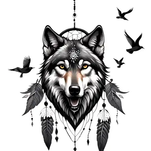 wolf dreamcatcher with birds flying away tattoo design idea