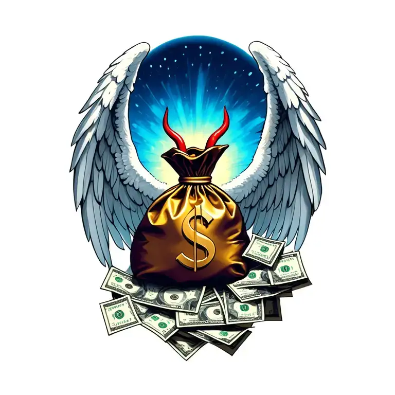 Design a tattoo about money bag, angel and devil wing tattoo design idea