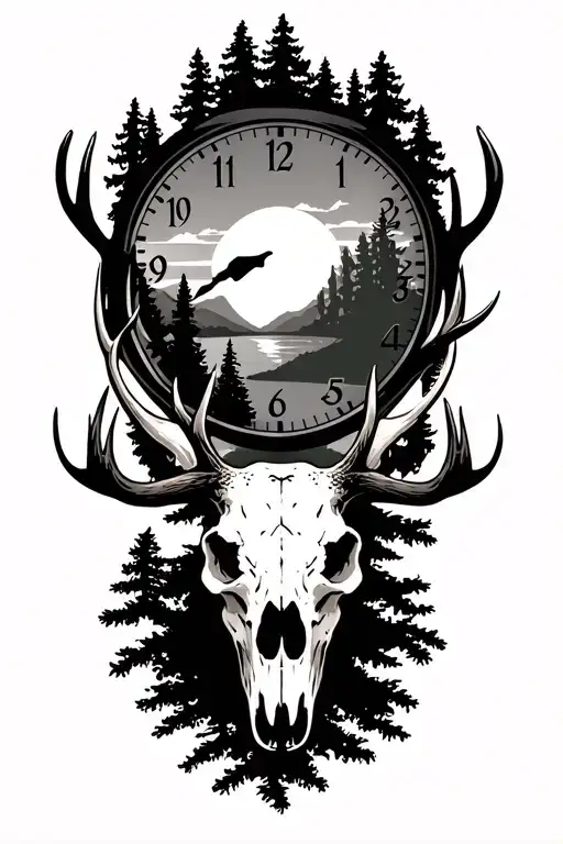 pine trees, elk skull, clock face, sunset sky tattoo design idea