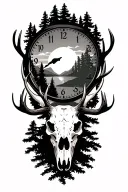 pine trees, elk skull, clock face, sunset sky tattoo design idea