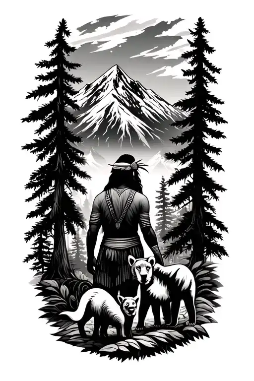 Nature with mountain, forest. In the foreground, we see from the back an Amerindian couple with a cub and a cub. tattoo design idea