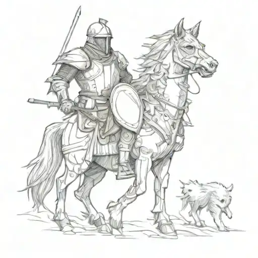knight and wolf traveling toward ruinsin the woods tattoo design idea