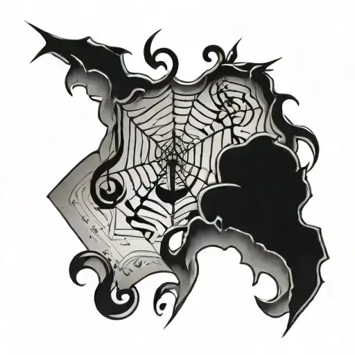 An accounting ledger with musical notes intertwined with spider webs tattoo design idea