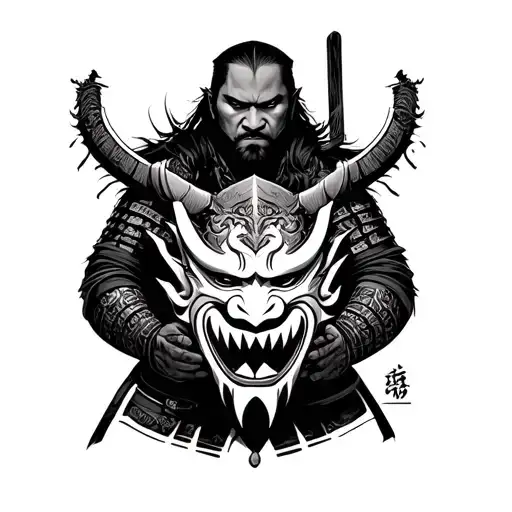 photo realistic ronin samurai holding an oni mask tattoo design idea