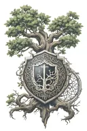cryptic tree of life intertwined with a shield of protection tattoo design idea