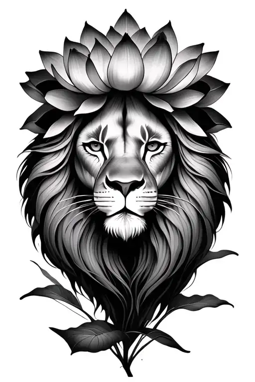 lion lotus flower blooming tattoo design idea