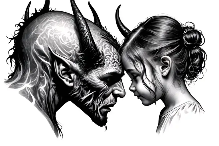 Black & gray, man generic devil facing little girl consoling her while she's crying only head/necks facing each other tattoo design idea