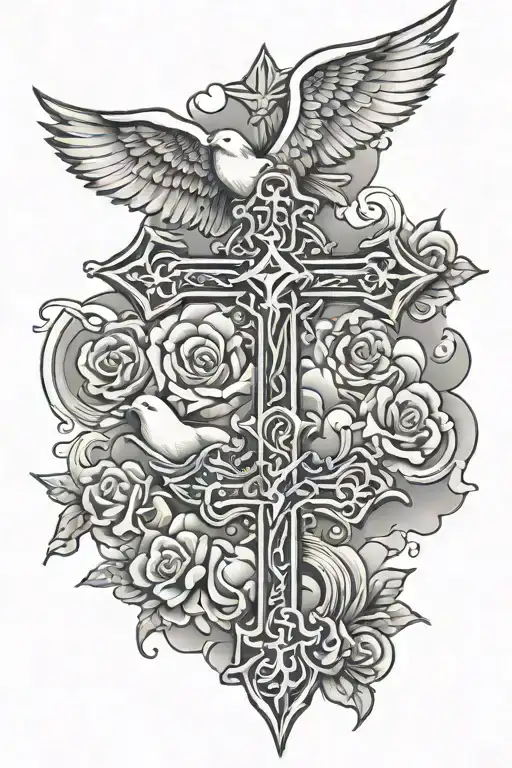 christian cross with doves and clouds  tattoo design idea