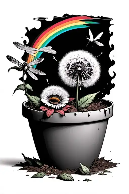 broken flower pot overflowing with one flower in rainbow and one dandelion blowing turning into dragon flies  tattoo design idea