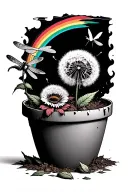 broken flower pot overflowing with one flower in rainbow and one dandelion blowing turning into dragon flies  tattoo design idea