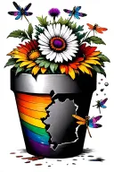 broken flower pot overflowing with one flower in rainbow and one dandelion blowing turning into dragon flies  tattoo design idea