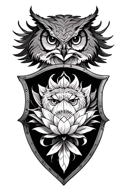 lion scales owl and lotus in a shield adorned tattoo design idea