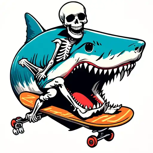skeleton riding a skateboard inside a shark mouth open tattoo design idea