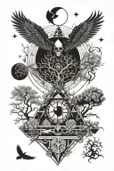 tree,roses,pyramid,waterfall,moon,yinyang,crow,snakes,wales,skull,wheelchair,eyeball,dragon tattoo design idea