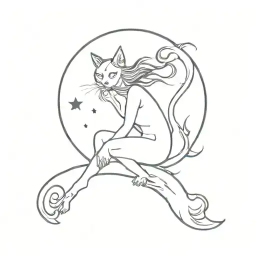 witch, cat, moon, mystic tattoo design idea