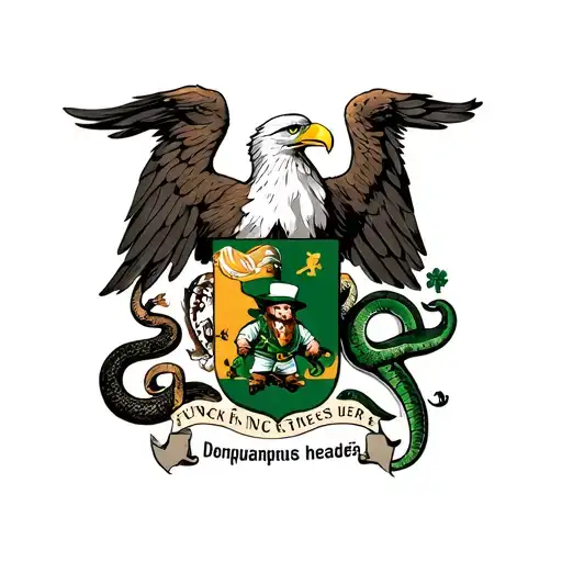 A coat of arms that includes a mexican eagle with a snake and with a leprechaun and, fuck these kids written in Latin  tattoo design idea