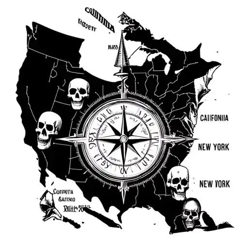 compass tattoo onto of a map from California to New York, with a clock and skulls throughout it tattoo design idea