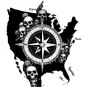 compass tattoo onto of a map from California to New York, with a clock and skulls throughout it tattoo design idea