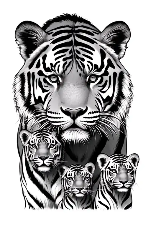 mother tiger 3 cubs face only one line tattoo design idea