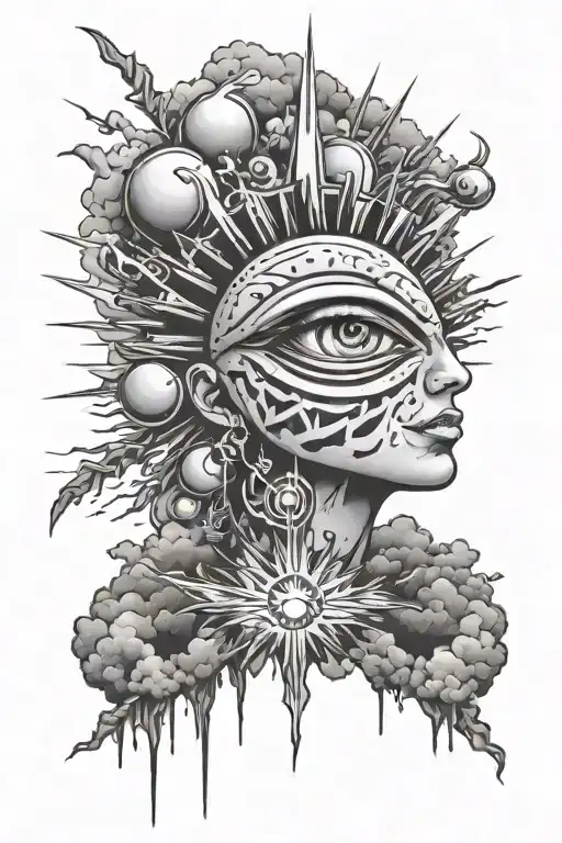 third eye near with sun rays turning into lightning bolts, scattered clouds releasing more bolts, ballons skattered tattoo design idea