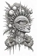 third eye near with sun rays turning into lightning bolts, scattered clouds releasing more bolts, ballons skattered tattoo design idea