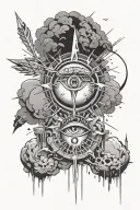 third eye near with sun rays turning into lightning bolts, scattered clouds releasing more bolts, ballons skattered tattoo design idea