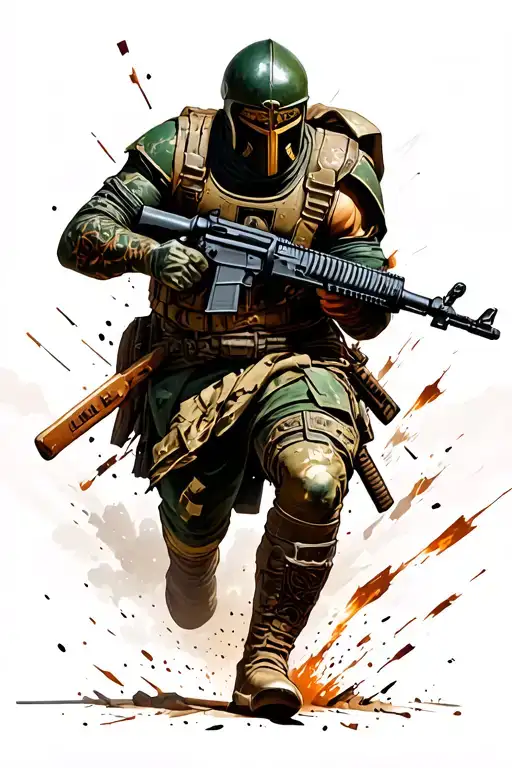 spartan warrior carrying an m4 rifle charging into battle, showing battlefield carnage tattoo design idea