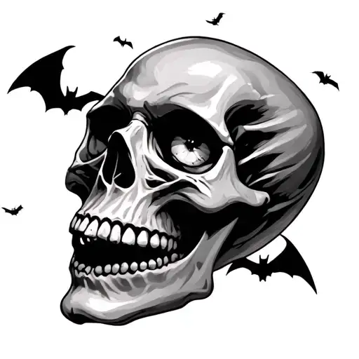 skull with little bats flying out of its eyes  tattoo design idea