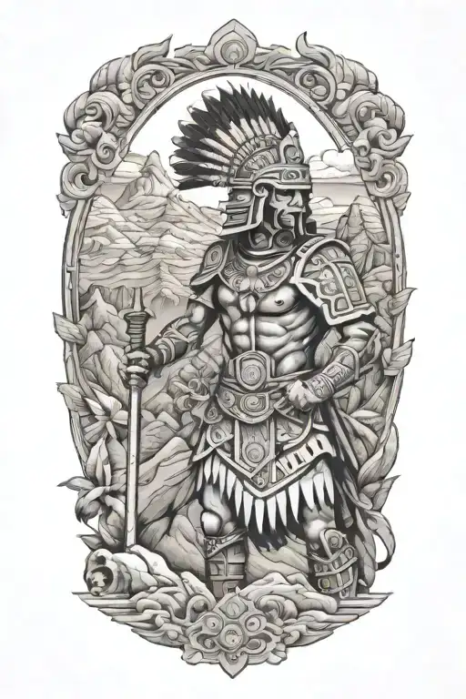 Historical Aztec warrior in a mountain landscape tattoo design idea